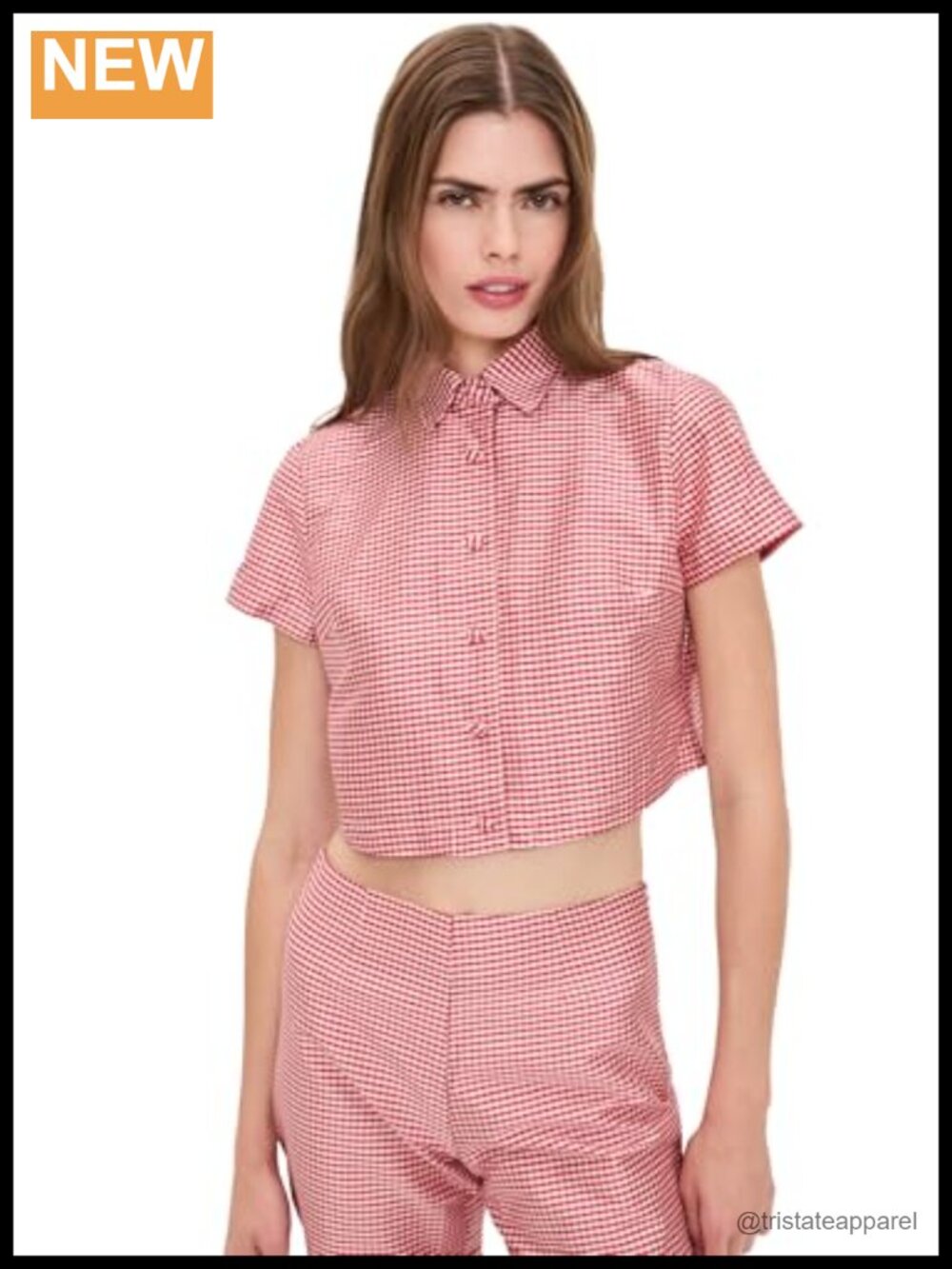 Silk Gingham Check Collared Top Short Sleeve Blouse Covered Button Placket Dry